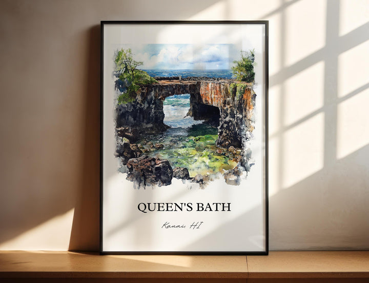 Queens Bath Wall Art, Kauai Print, Princeville HI Watercolor Art, Queens Bath Gift, Travel Print, Travel Poster, Housewarming Gift