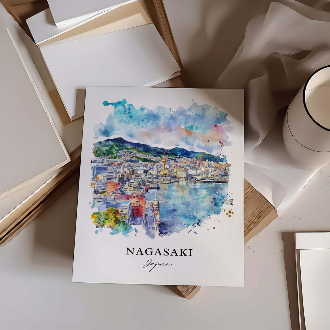 Nagasaki Wall Art, Nagasaki Japan Print, Nagasaki Watercolor Art, Nagasaki Japan Gift,