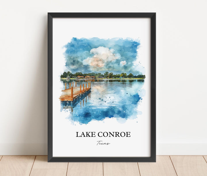 Lake Conroe Wall Art, Montgomery County Print, Texas Watercolor Art, Lake Conroe TX Gift, Travel Print, Travel Poster, Housewarming Gift