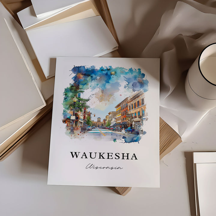 Waukesha WI Art, Waukesha Wisconsin Print, Waukesha Watercolor Art, Waukesha County Gift,