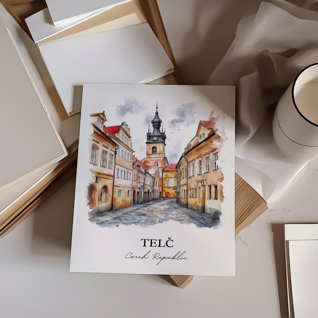 Telc Wall Art, Czech Republic Print, Telc Watercolor Art, Vysocina Region Gift, Travel Print, Travel Poster, Housewarming Gift