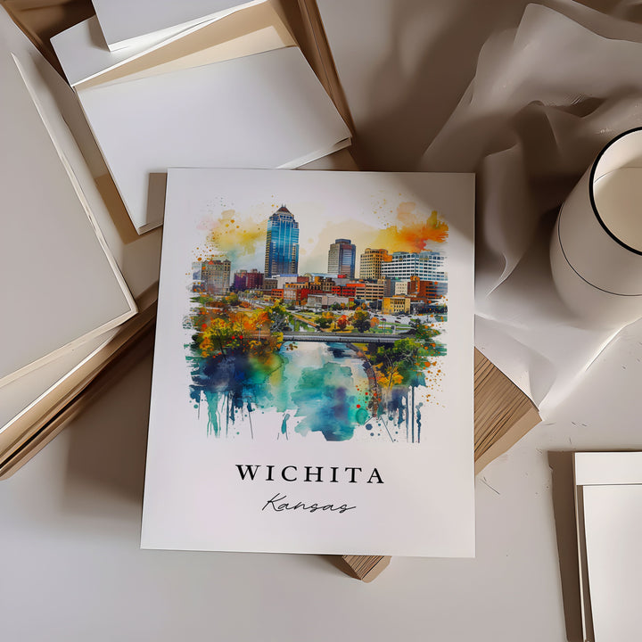 Wichita watercolor travel art - Kansas, Wichita print, Wedding gift, Birthday present, Custom Text, Perfect Gift