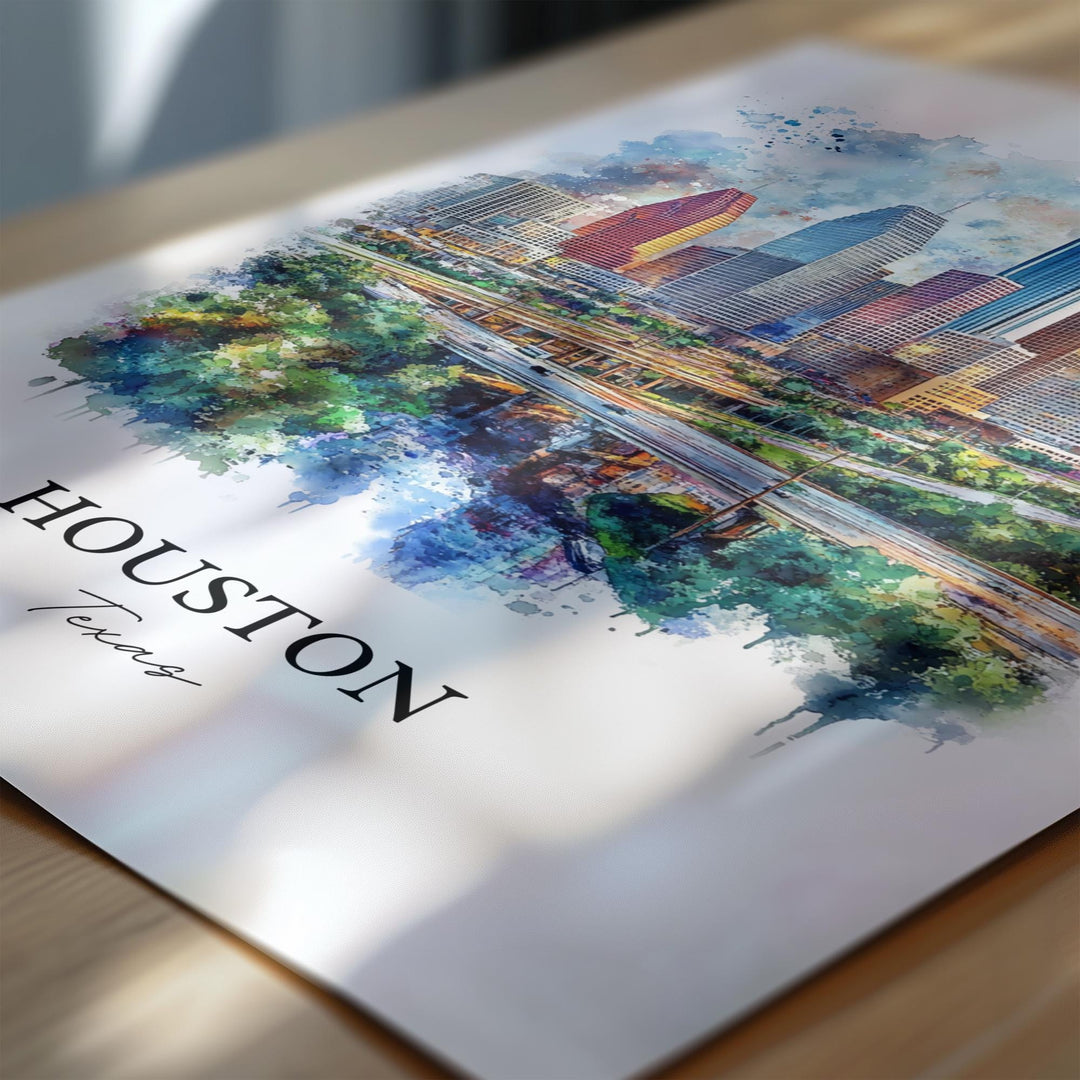Houston TX Wall Art, Houston Print, Houston Watercolor Art, Houston Skyline Gift, Travel Print, Travel Poster, Housewarming Gift