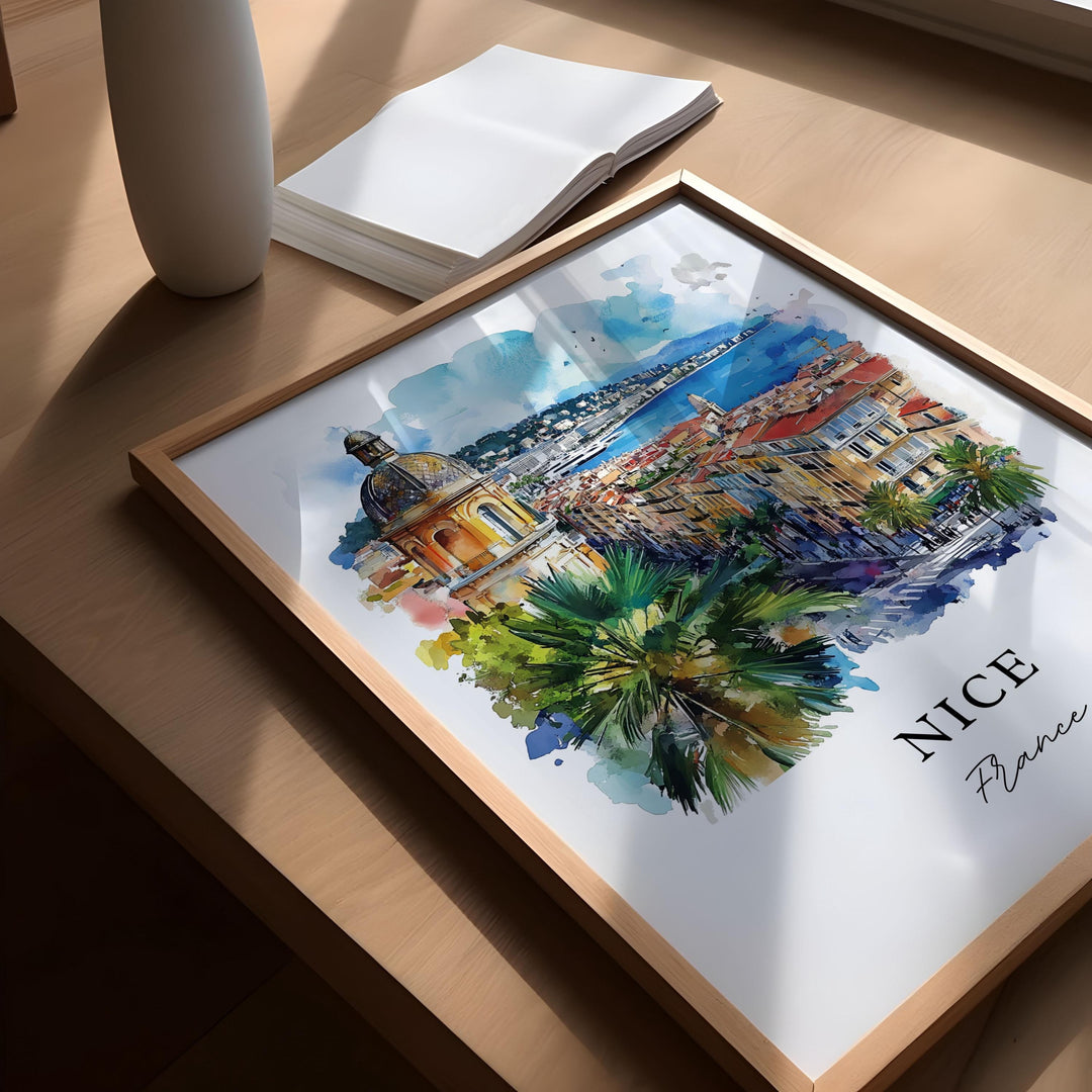 Nice France Wall Art, Nice FR Print, French Riviera Watercolor Art, Nice France Skyline Gift,