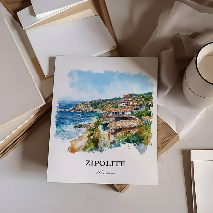 Zipolite Wall Art, Zipolite Mexico Print, Mexico Watercolor Art, Oaxaca Gift, Travel Print, Travel Poster, Housewarming Gift