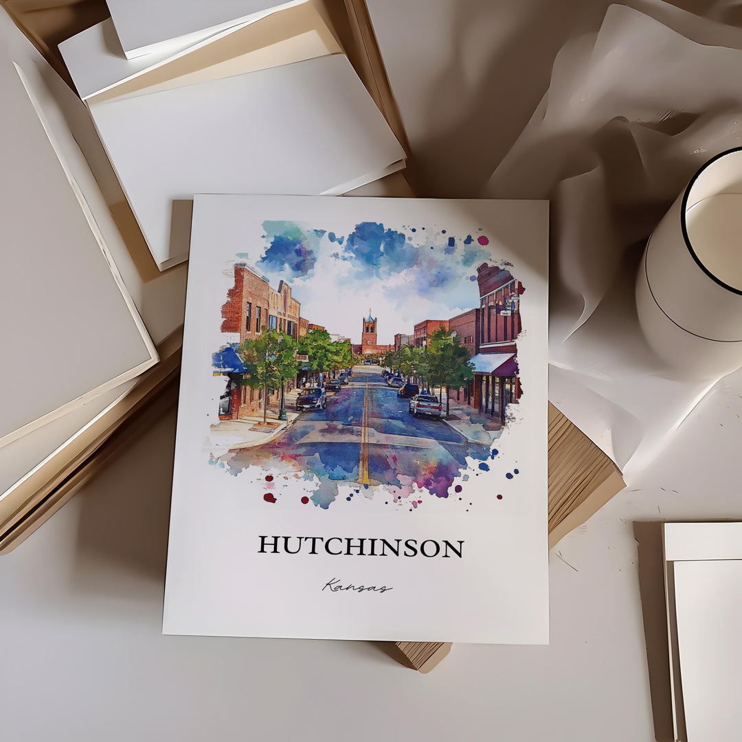 Hutchinson KS Wall Art, Reno County Print, Kansas Watercolor Art, Hutchinson Kansas Gift, Travel Print, Travel Poster, Housewarming Gift