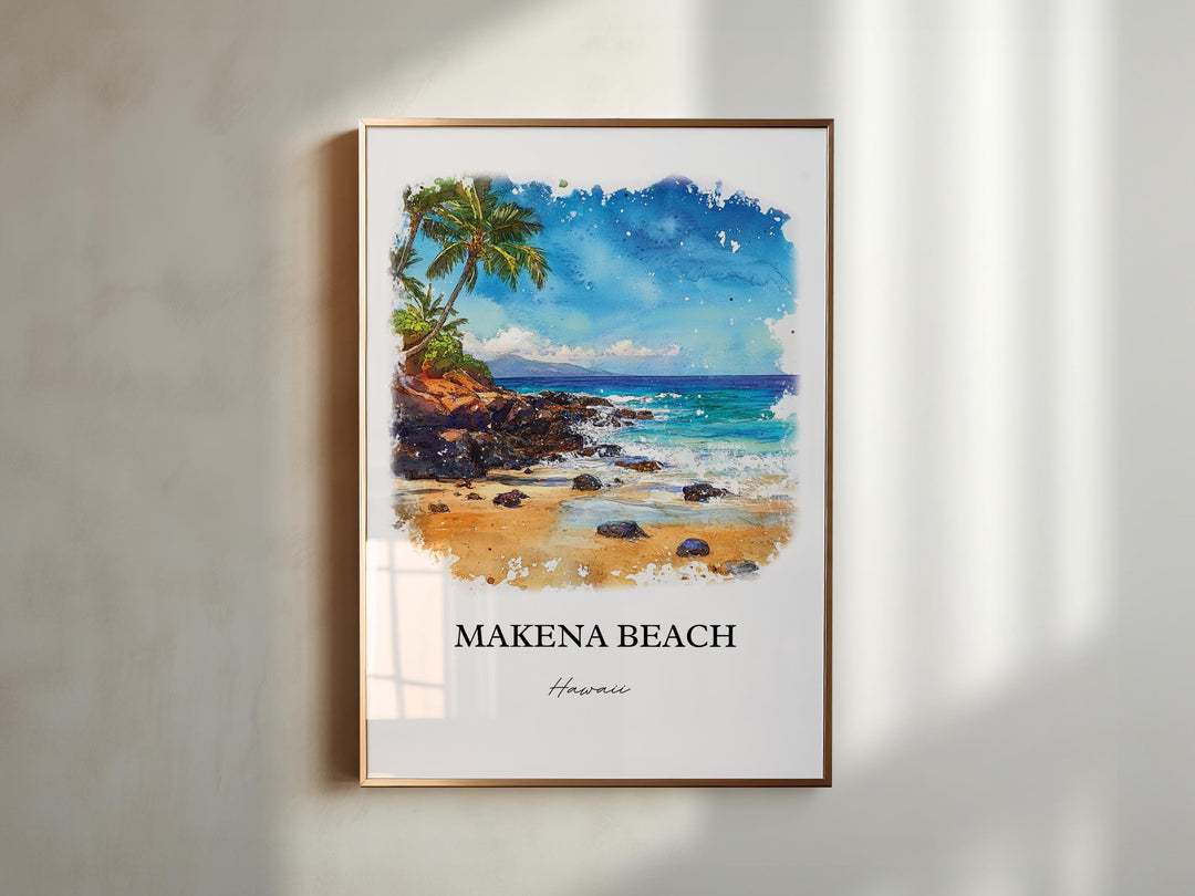 Makena Beach Wall Art, Kihei Print, Hawaii Watercolor Art, Makena Beach Gift, Travel Print, Travel Poster, Housewarming Gift