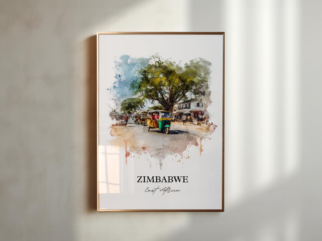 Zimbabwe Wall Art, Zimbabwe Print, Zimbabwe Watercolor Art, Zimbabwe Country Gift, Travel Print, Travel Poster, Housewarming Gift