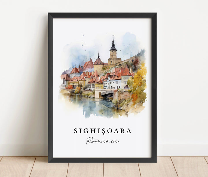 Sighisoara traditional travel art - Romania, Sighisoara poster, Wedding gift, Birthday present, Custom Text, Personalized Gift