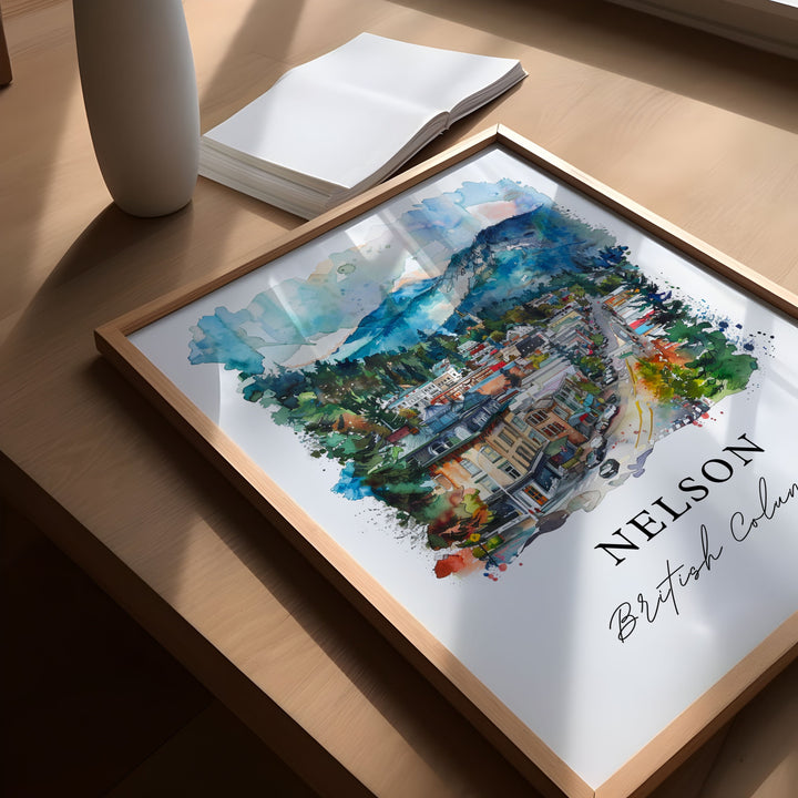 Nelson BC Wall Art, Nelson British Columbia Print, Nelson Watercolor, Selkirk Mountains Gift,