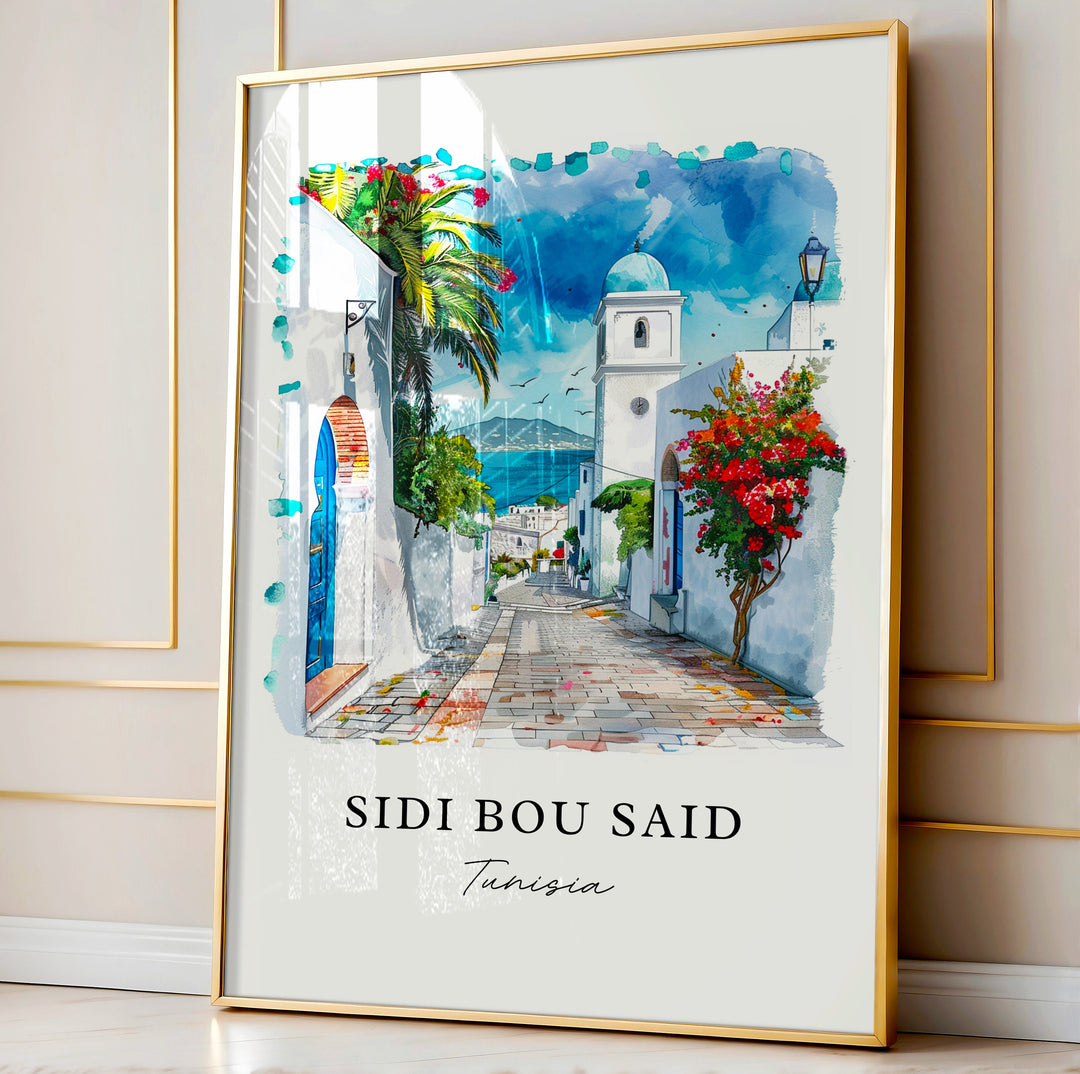 Sidi Bou Said Wall Art, Tunisia Print, Sidi Bou Said Watercolor, Tunisia Gift,