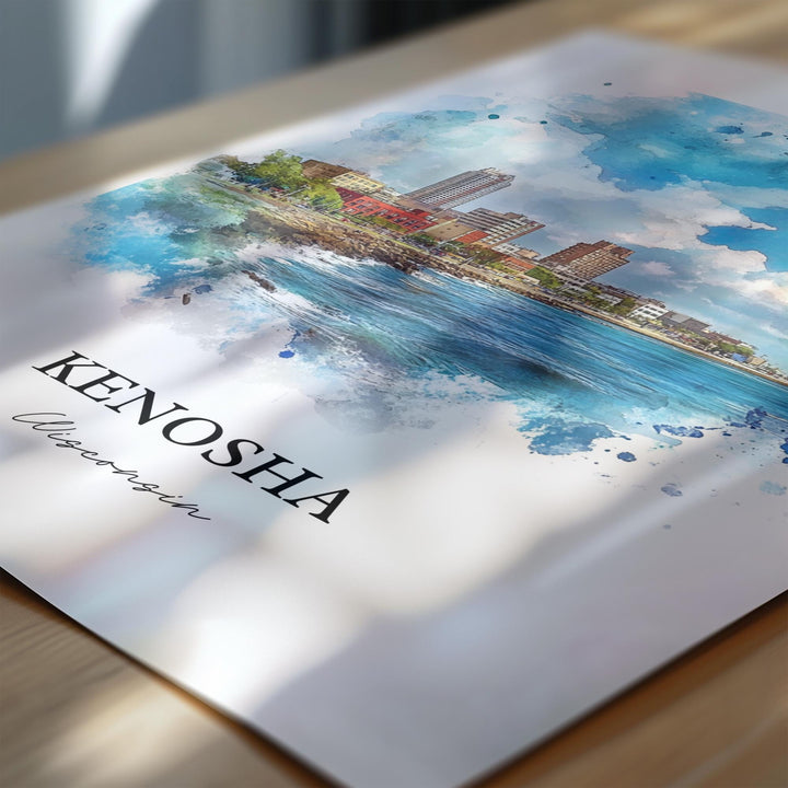 Kenosha WI Wall Art, Lake Michigan Print, Wisconsin Watercolor Art, Kenosha Wisconsin Gift, Travel Print, Travel Poster, Housewarming Gift