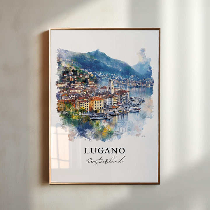 Lugano Switzerland Wall Art, Lugano Print, Lake Lugano Watercolor Art, Ticino Region Gift, Travel Print, Travel Poster, Housewarming Gift