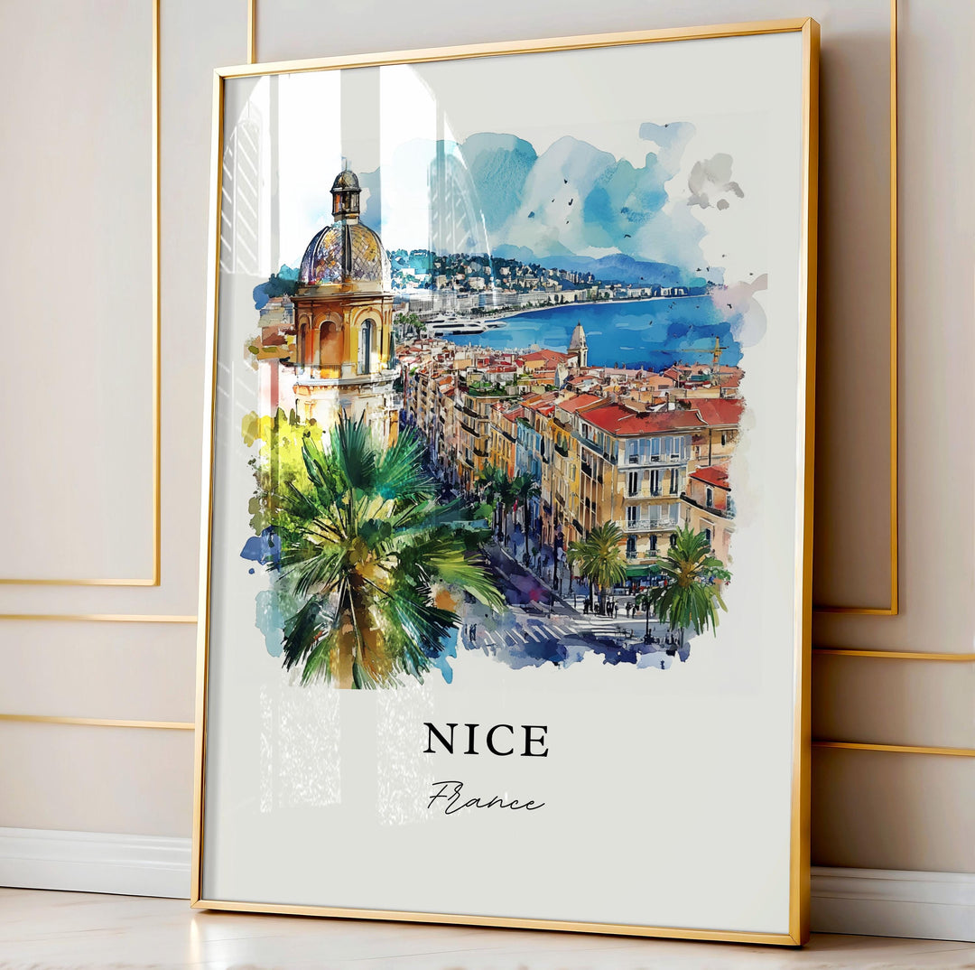 Nice France Wall Art, Nice FR Print, French Riviera Watercolor Art, Nice France Skyline Gift,