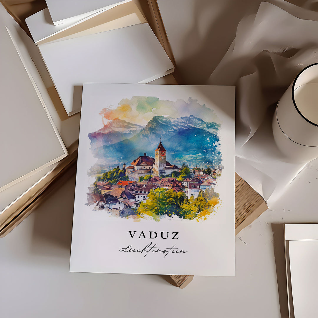 Vaduz watercolor travel art - Liechtenstein, Vaduz print, Wedding gift, Birthday present, Custom Text, Perfect Gift