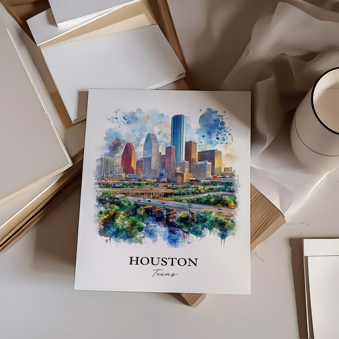 Houston TX Wall Art, Houston Print, Houston Watercolor Art, Houston Skyline Gift, Travel Print, Travel Poster, Housewarming Gift