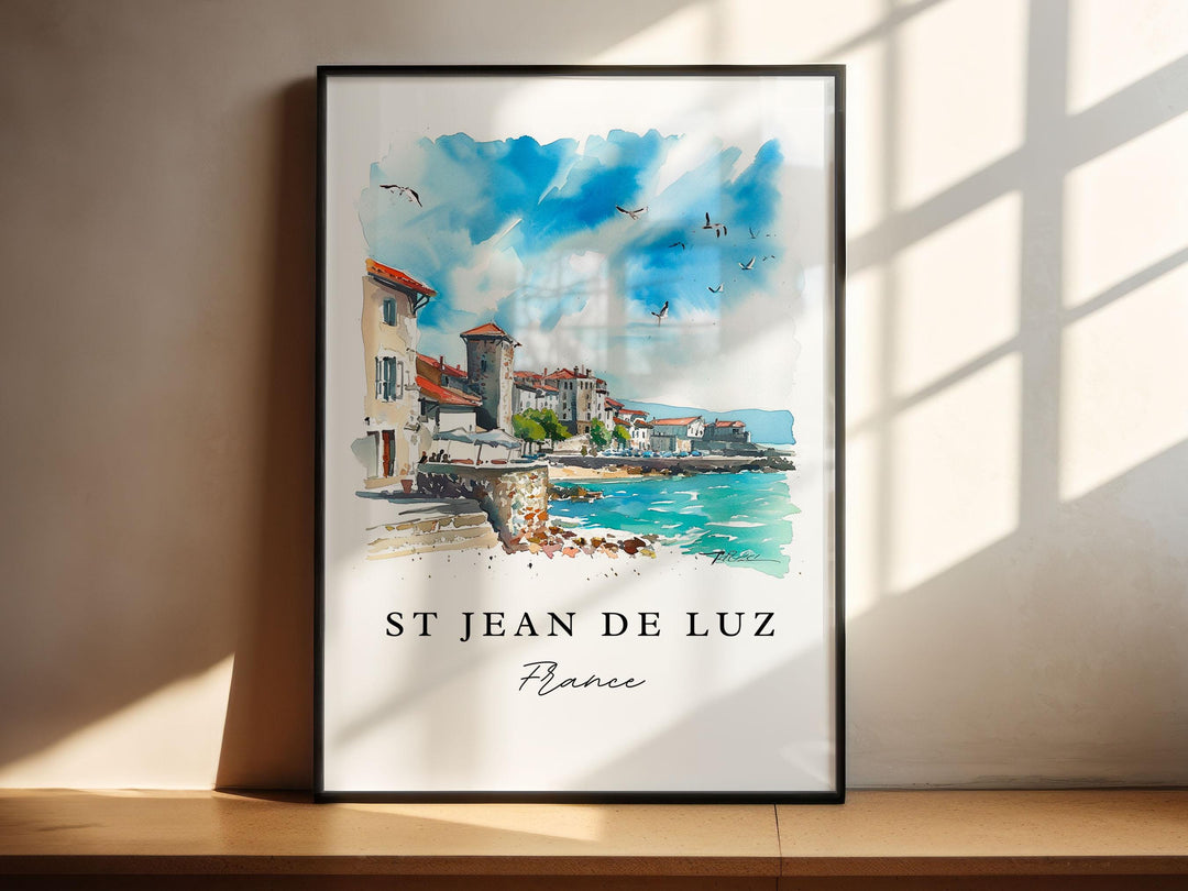 St Jean de Luz traditional travel art - France, St Jean de Luz print, Wedding gift, Birthday present, Custom Text, Perfect Gift