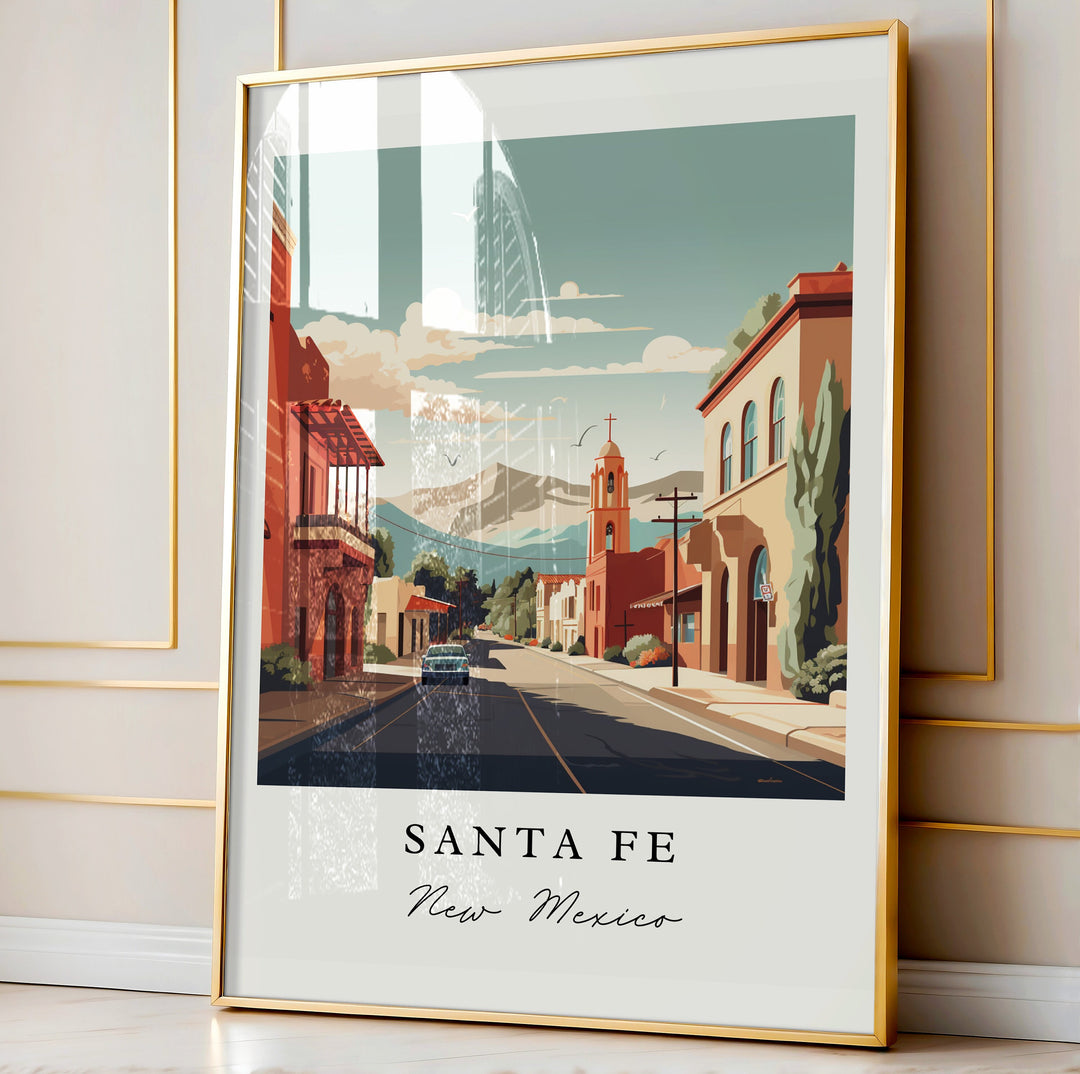 Santa Fe traditional travel art - New Mexico, Santa Fe poster, Wedding gift, Birthday present, Custom Text, Personalised Gift