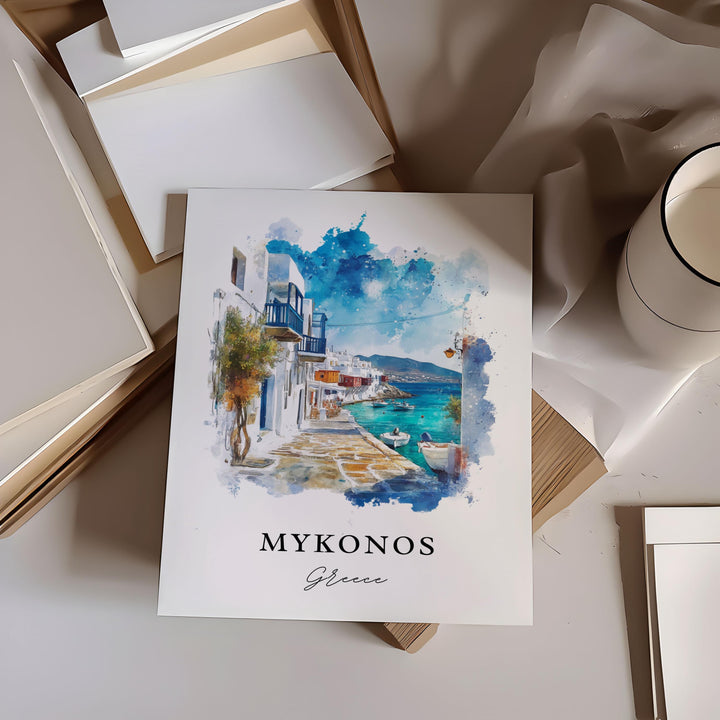 Mykonos Wall Art, Mykonos Greece Print, Mykonos Watercolor Art, Mykonos Gift, Mykonos