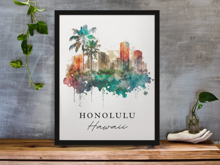 Honolulu traditional travel art - Hawaii, Honolulu poster, Wedding gift, Birthday present, Custom Text, Personalised Gift