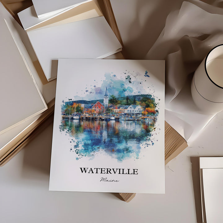 Waterville Maine Art, Waterville ME Print, Maine Watercolor Art, Kennebec County Gift, Travel Print, Travel Poster, Housewarming Gift