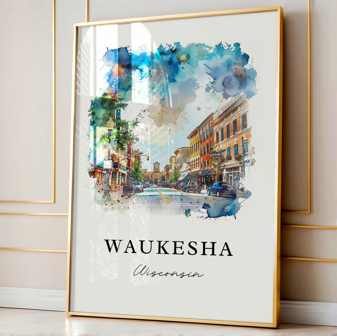 Waukesha WI Art, Waukesha Wisconsin Print, Waukesha Watercolor Art, Waukesha County Gift,