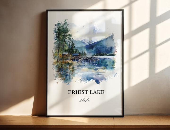 Priest Lake ID Wall Art, Priest River Idaho Print, Idaho Watercolor Art, Priest Lake Gift, Travel Print, Travel Poster, Housewarming Gift