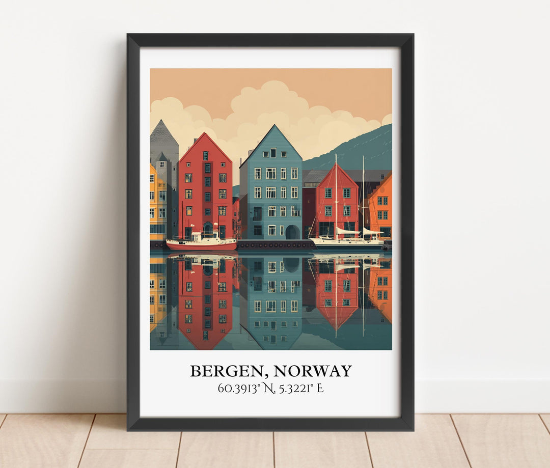 Bergen Norway Art, Bergen Retro Travel Art, Bergen Home Decor, Bergen Norway Gift, Norway Travel Art, Travel Prints, Housewarming Gift