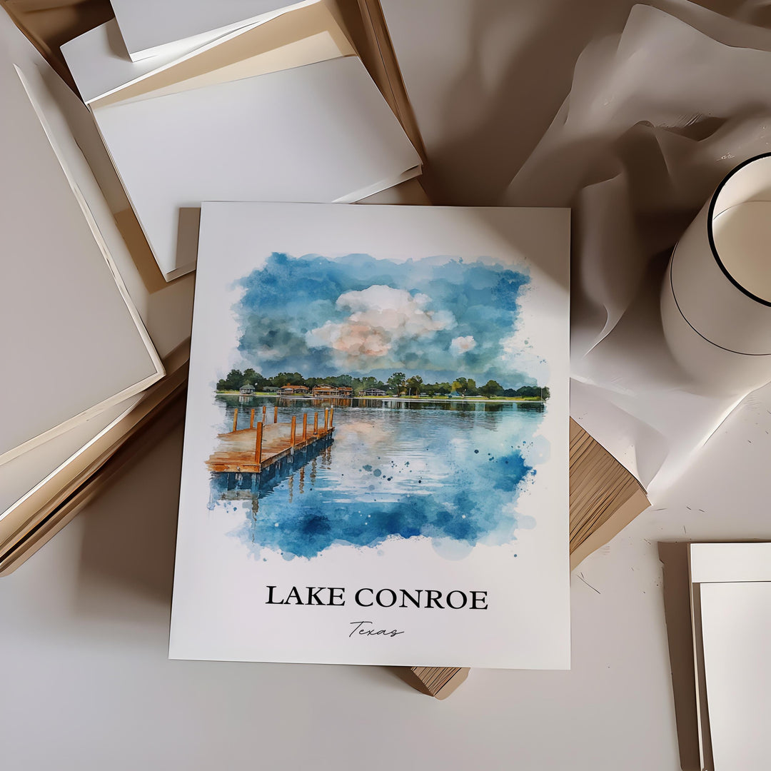 Lake Conroe Wall Art, Montgomery County Print, Texas Watercolor Art, Lake Conroe TX Gift, Travel Print, Travel Poster, Housewarming Gift