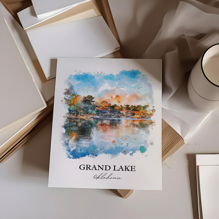 Grand Lake OK Wall Art, Ozark Mountains Print, Oklahoma Watercolor Art, Grand Lake OK Gift, Travel Print, Travel Poster, Housewarming Gift