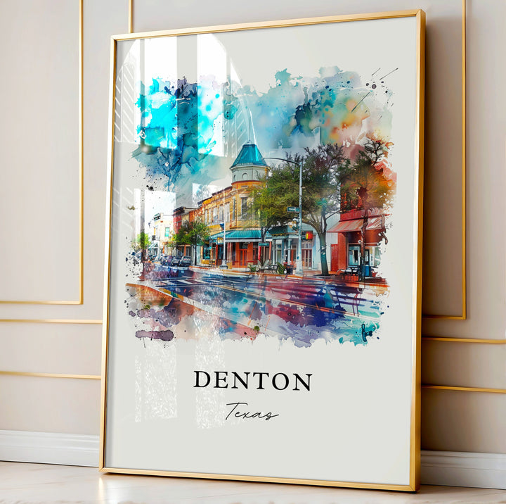 Denton TX Wall Art, Denton Print, Denton Watercolor, Dallas Fort Worth TX Art Gift,