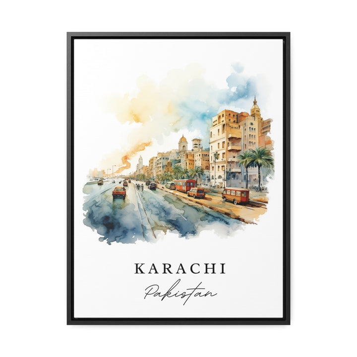 a watercolor painting of a cityscape with the name karaci written