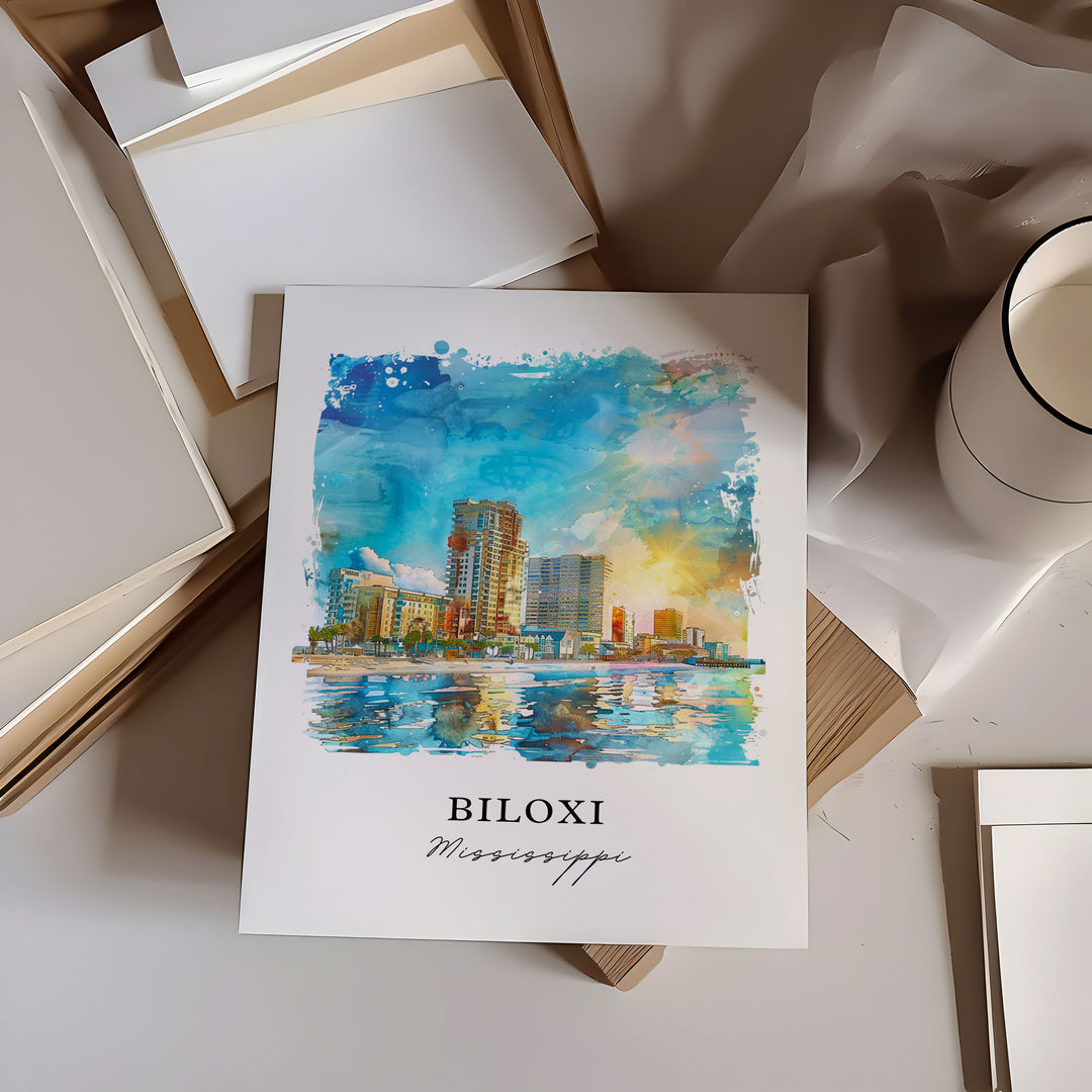 Biloxi Mississippi Art, Biloxi Print, Biloxi Beach Watercolor, Biloxi MS Gift, Travel Poster, Housewarming Gift