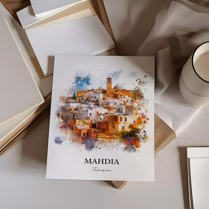 Mahdia Wall Art, Monastir Tunisia Print, Tunisia Watercolor Art, Mahdia Tunisia Gift, Travel Print, Travel Poster, Housewarming Gift