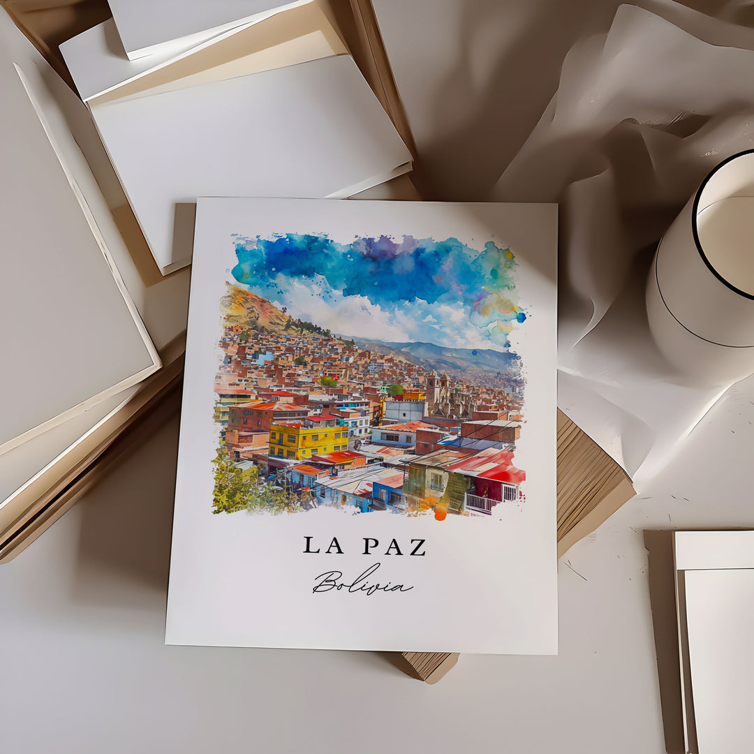 La Paz watercolor travel art - Bolivia, La Paz print, Wedding gift, Birthday present, Custom Text, Perfect Gift