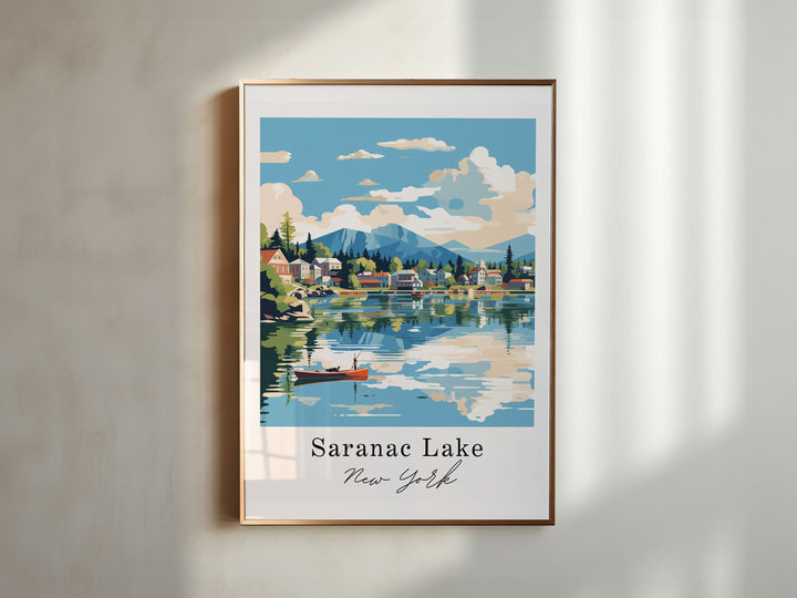 Saranac Lake traditional travel art - New York, Saranac Lake poster, Wedding gift, Birthday present, Custom Text, Personalised Gift