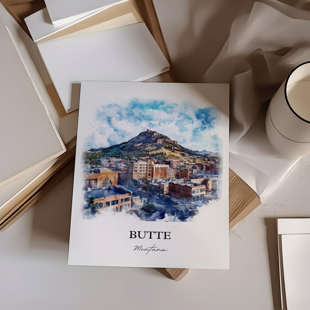 Butte MT Wall Art, Silver Bow County Print, Montana Watercolor Art, Butte Montana Gift, Travel Print, Travel Poster, Housewarming Gift