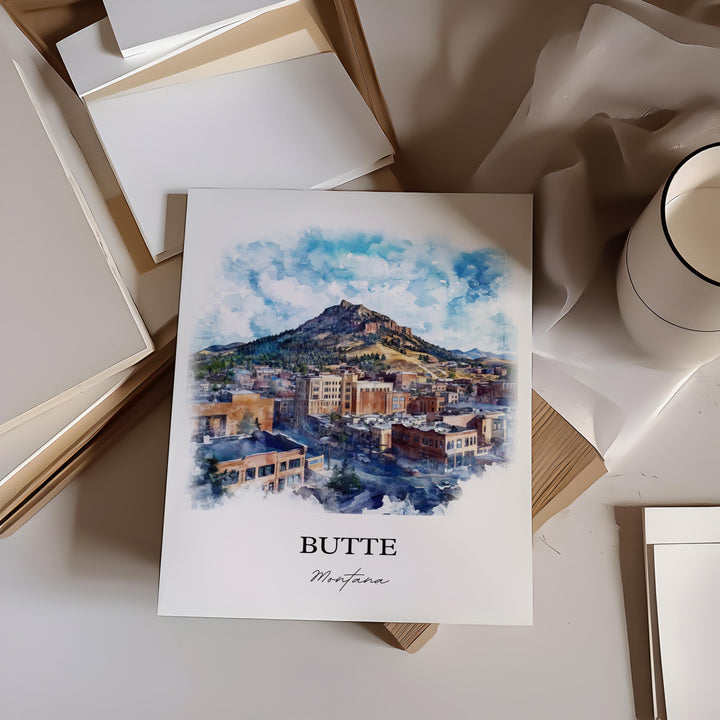 Butte MT Wall Art, Silver Bow County Print, Montana Watercolor Art, Butte Montana Gift, Travel Print, Travel Poster, Housewarming Gift