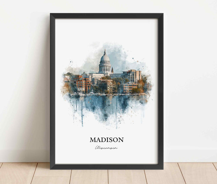 Madison WI Wall Art, Madison Print, Wisconsin Watercolor Art, Madison Wisconsin Skyline Gift, Travel Print, Travel Poster, Housewarming Gift