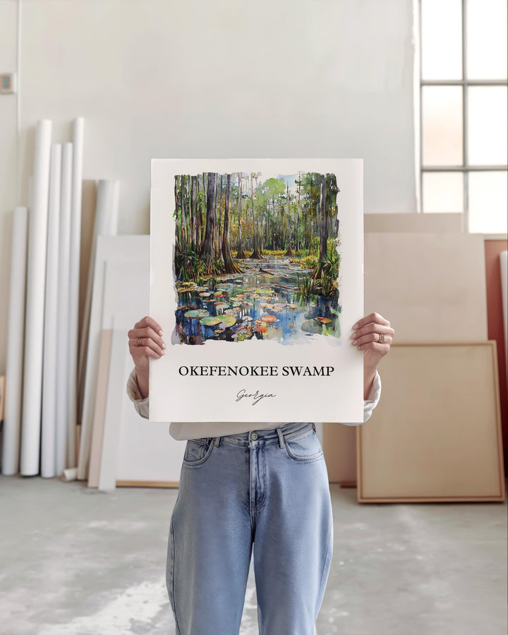 Okefenokee Swamp Wall Art, Okefenokee Print, Georgia Watercolor Art, Okefenokee Swamp Gift, Travel Print, Travel Poster, Housewarming Gift