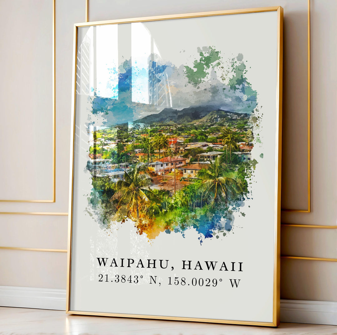 Waipahu Wall Art, Waipahu Print, Oahu Watercolor Art, Oahu Hawaii Gift, Travel Poster, Housewarming Gift