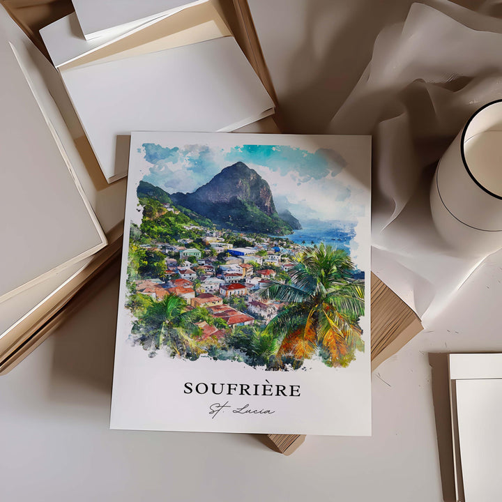 Soufriere Wall Art, Soufriere Print, St. Lucia Watercolor Art, Saint Lucia Gift, The Pitons