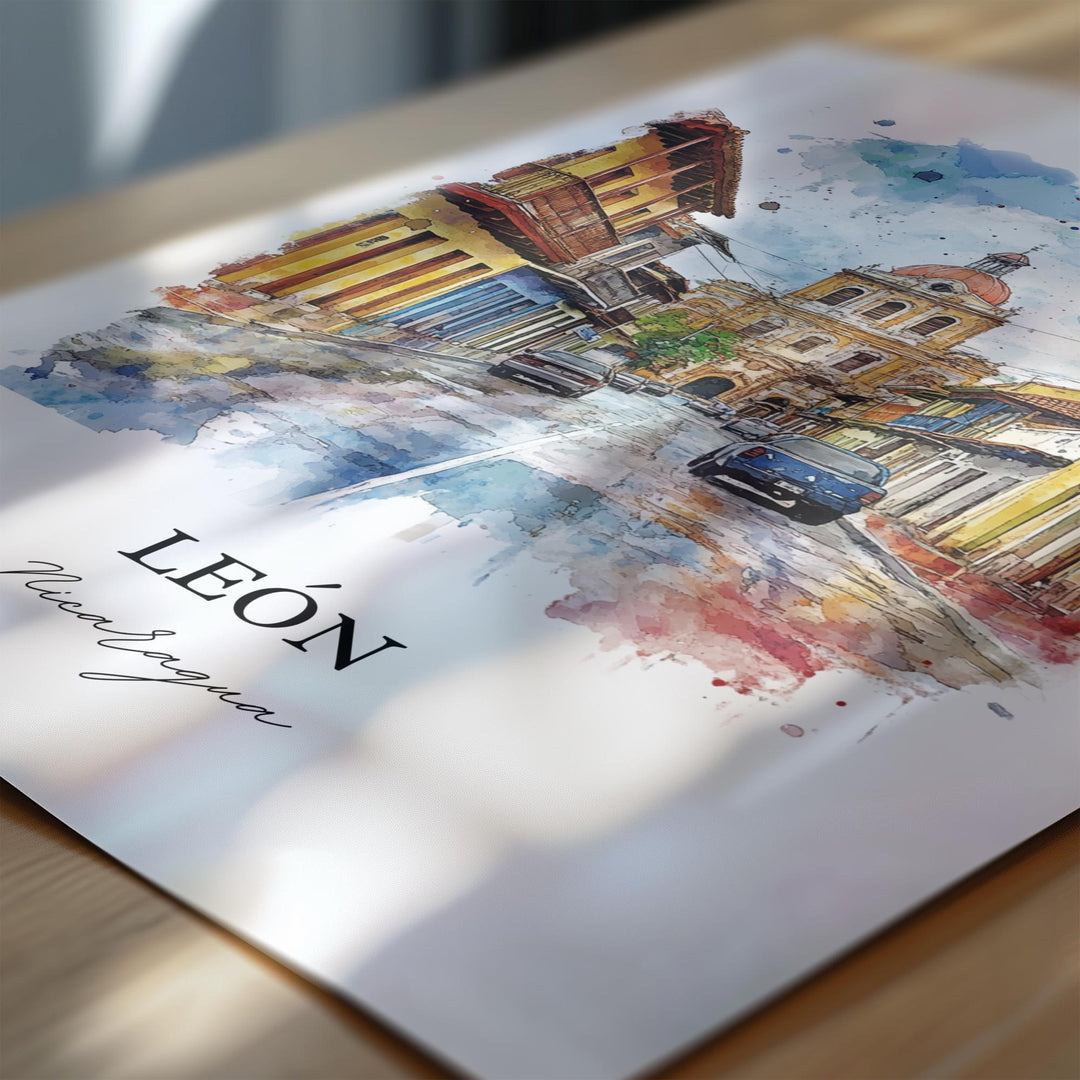 León Nicaragua Wall Art, León Print, Nicaragua Watercolor Art, Managua Gift, Travel Print, Travel Poster, Housewarming Gift