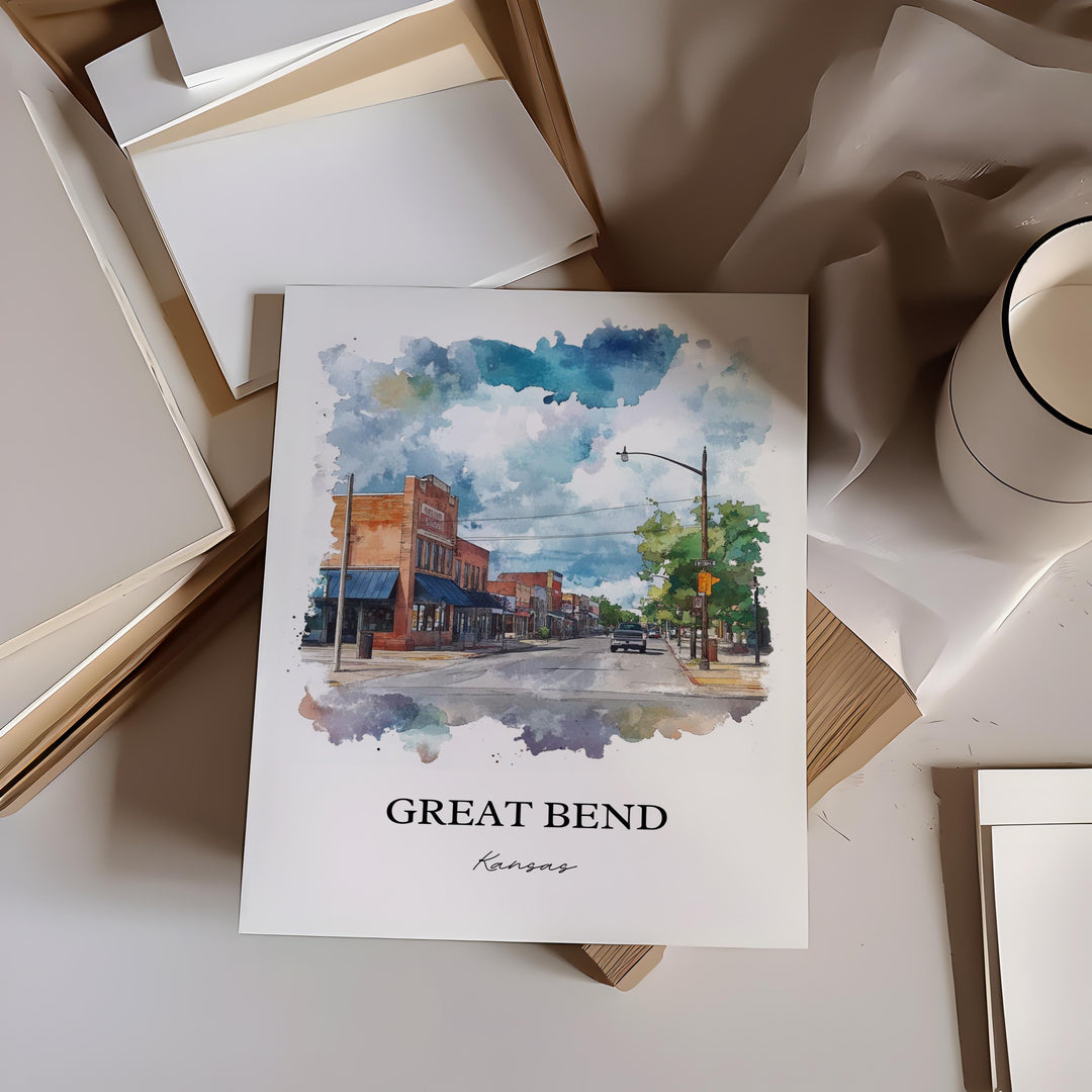 Great Bend KS Wall Art, Barton County Print, Kansas Watercolor Art, Great Bend Kansas Gift, Travel Print, Travel Poster, Housewarming Gift