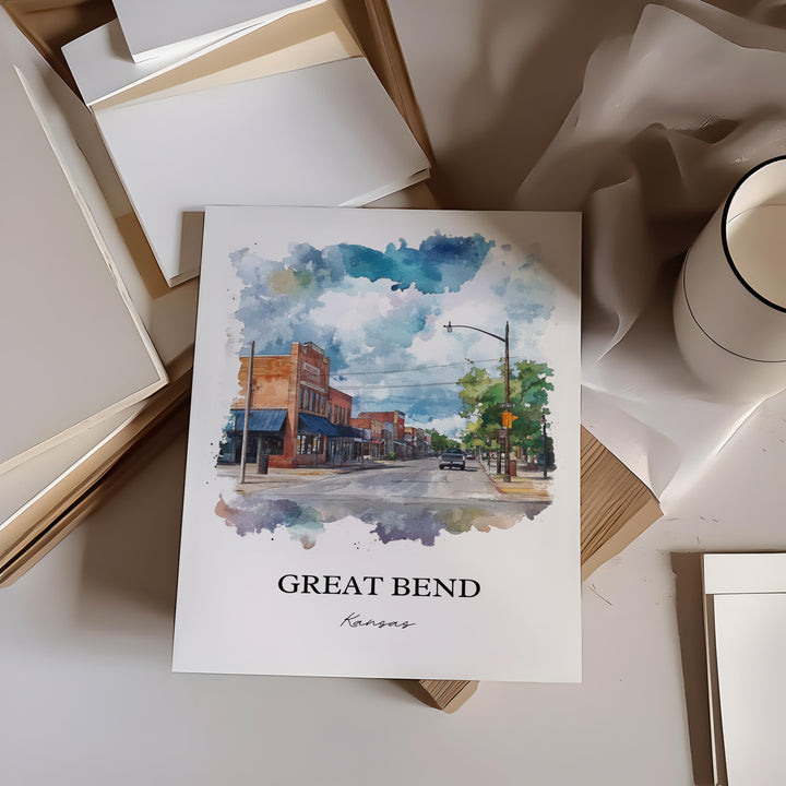 Great Bend KS Wall Art, Barton County Print, Kansas Watercolor Art, Great Bend Kansas Gift, Travel Print, Travel Poster, Housewarming Gift