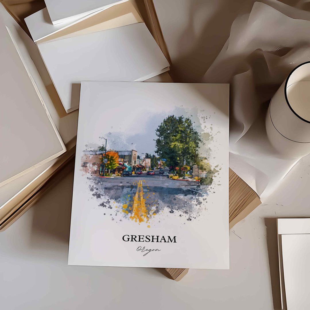 Gresham, Oregon Wall Art, Gresham Print, Oregon Watercolor Art, Willamette Valley Gift, Travel Print, Travel Poster, Housewarming Gift