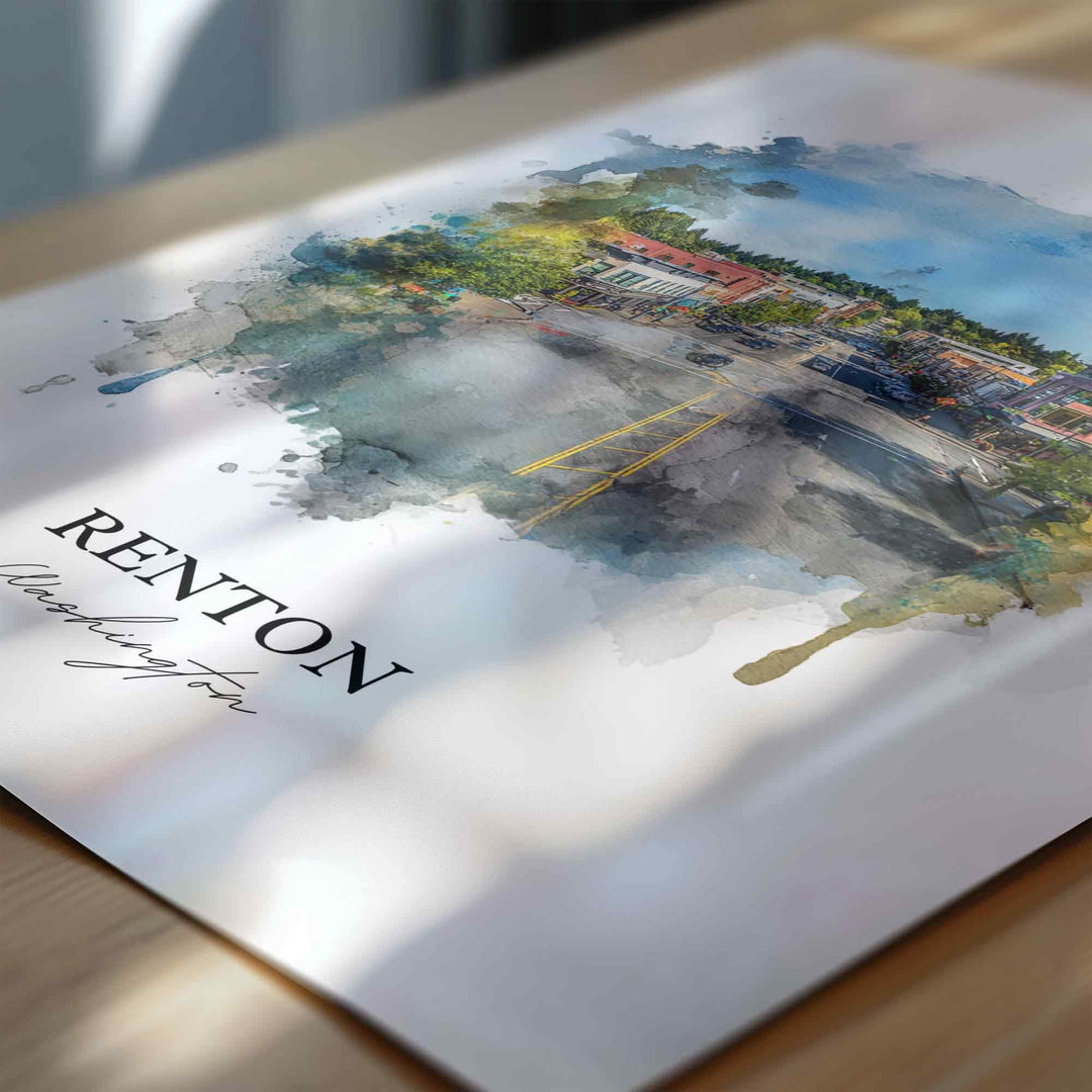 Renton WA Wall Art, Renton Print, Renton Watercolor Art, Renton Washington Gift, Travel Print, Travel Poster, Housewarming Gift
