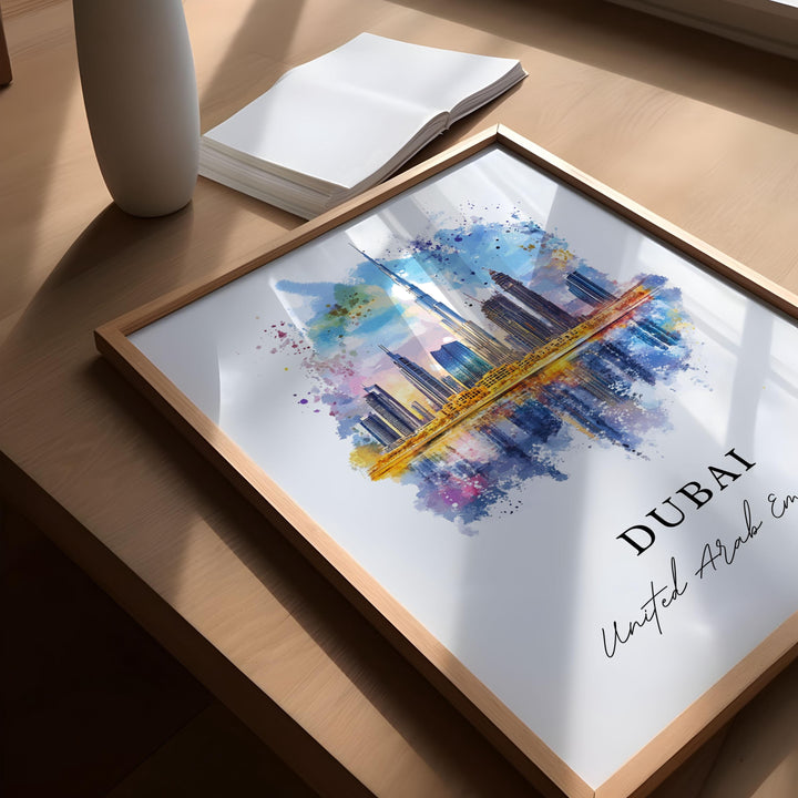 Dubai Wall Art, Dubai Skyline Print, Dubai Watercolor Art, Dubai UAE Gift, Burj Khalifa Print, Travel Poster, Housewarming Gift