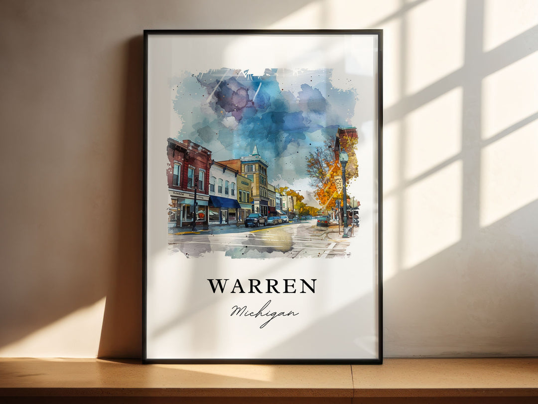 Warren Michigan Wall Art, Warren Print, Warren MI Watercolor Art, Macomb County MI Gift,