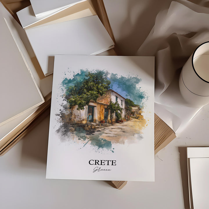 Crete Wall Art, Crete Greece Print, Greece Watercolor Art, Crete Greece Gift, Greece Travel Print, Travel Poster, Housewarming Gift